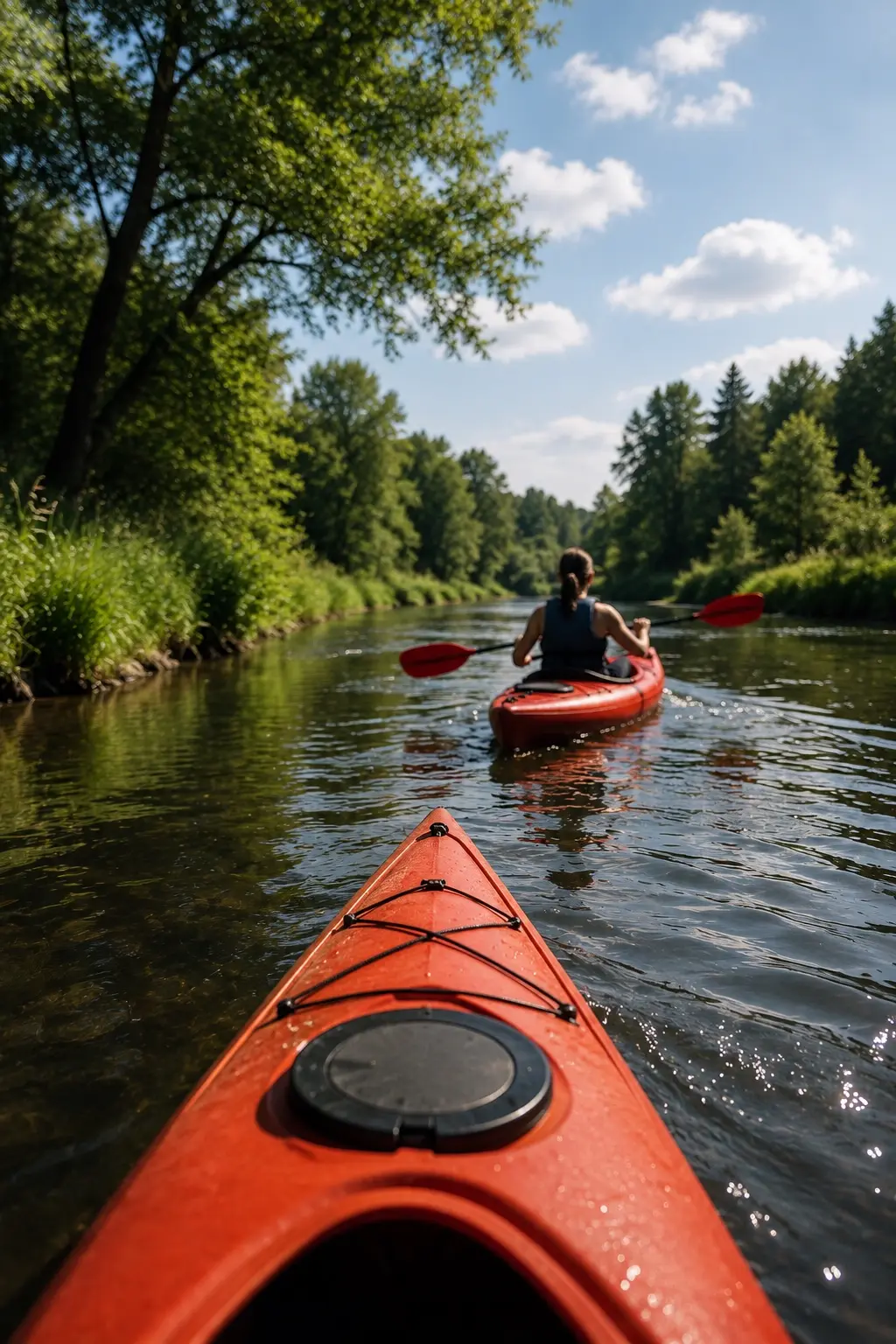 Red kayaks on a calm river among trees