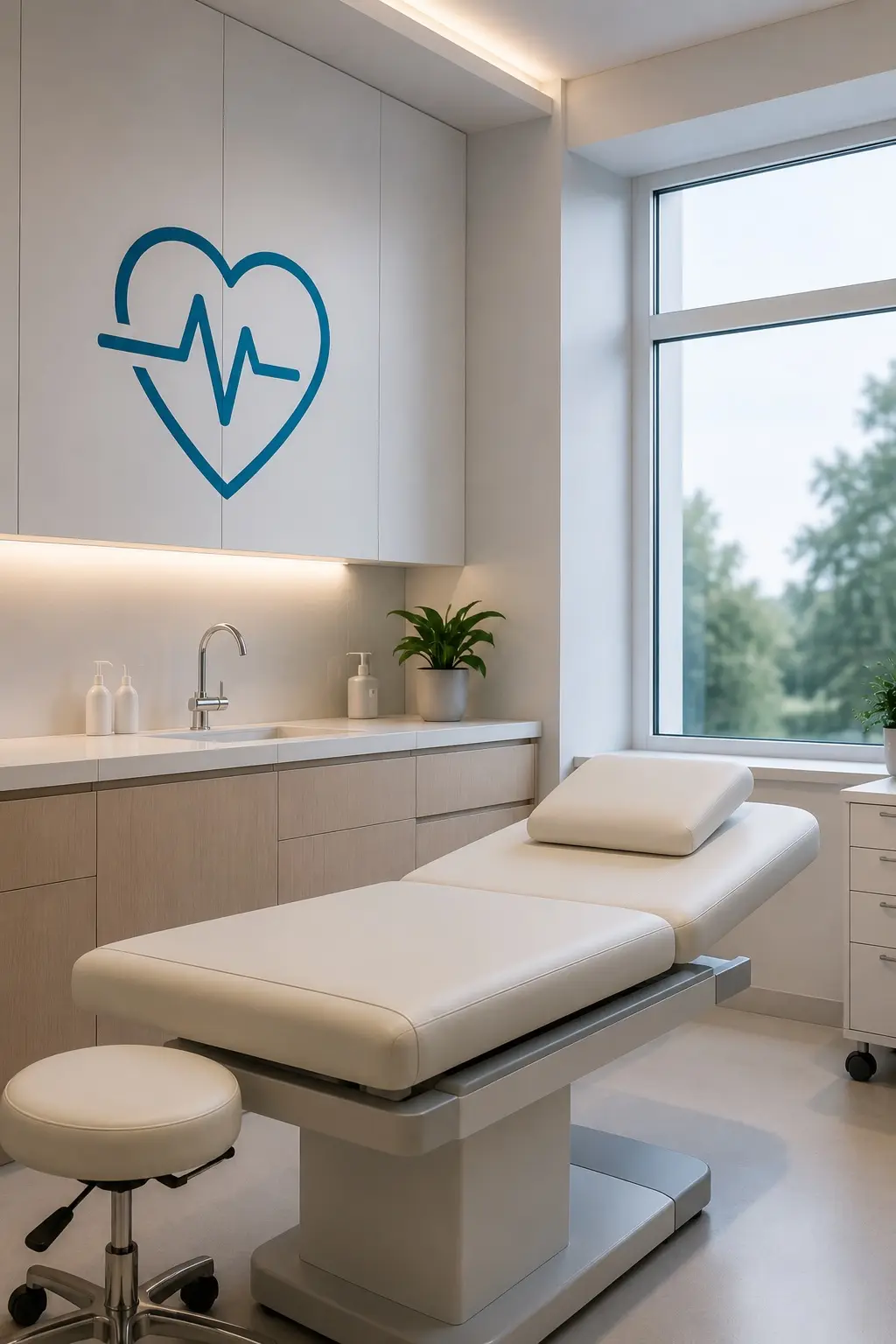 A bright treatment room with an examination bed and a heart symbol on the wall