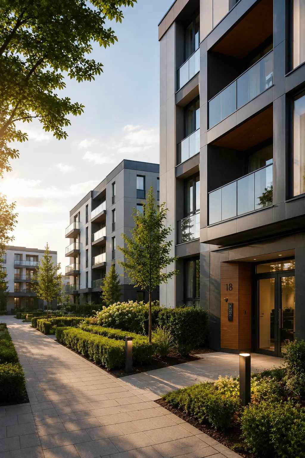 A modern residential estate at sunset